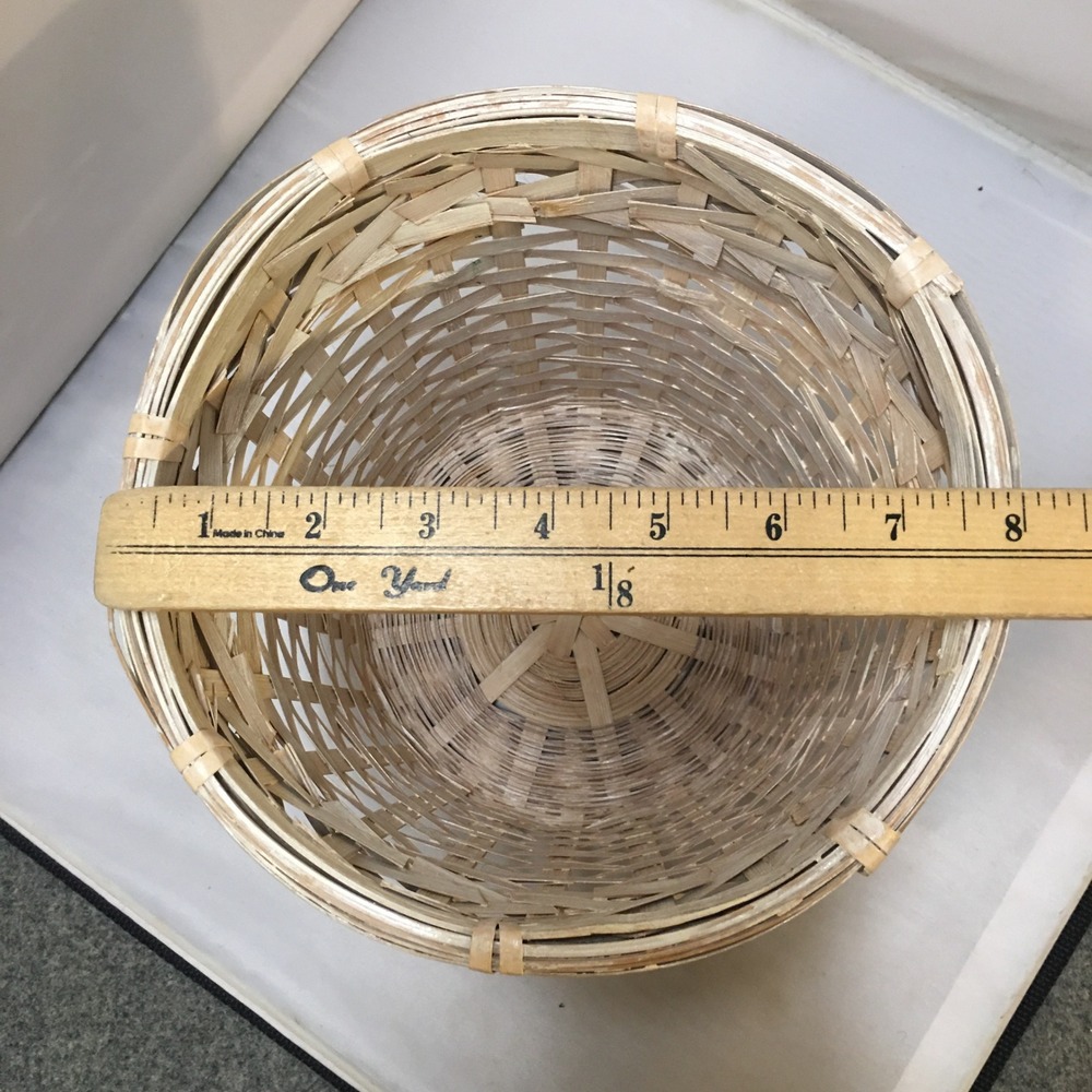 Woven Wicker Basket Small Tan Whitewashed Round Boho Decor Coastal Waste Bin - Picture 5 of 6